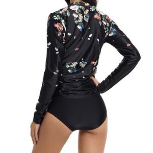 UPF swimdress HYBRID 2-pc rashguard top gathers over brief black yellow white